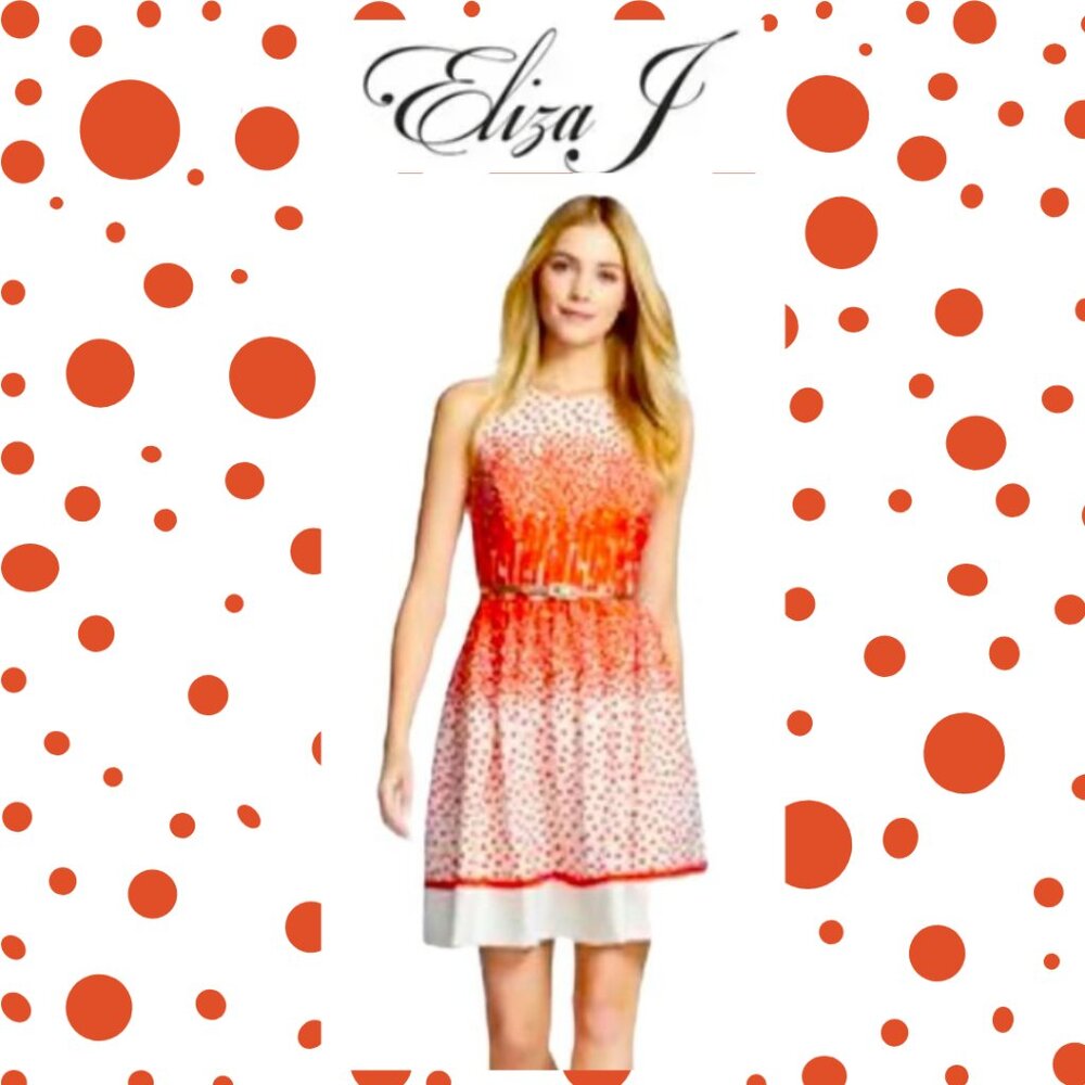 Eliza J. Dress White and Orange Polk Dot Dress with Keyhole (No Belt!)